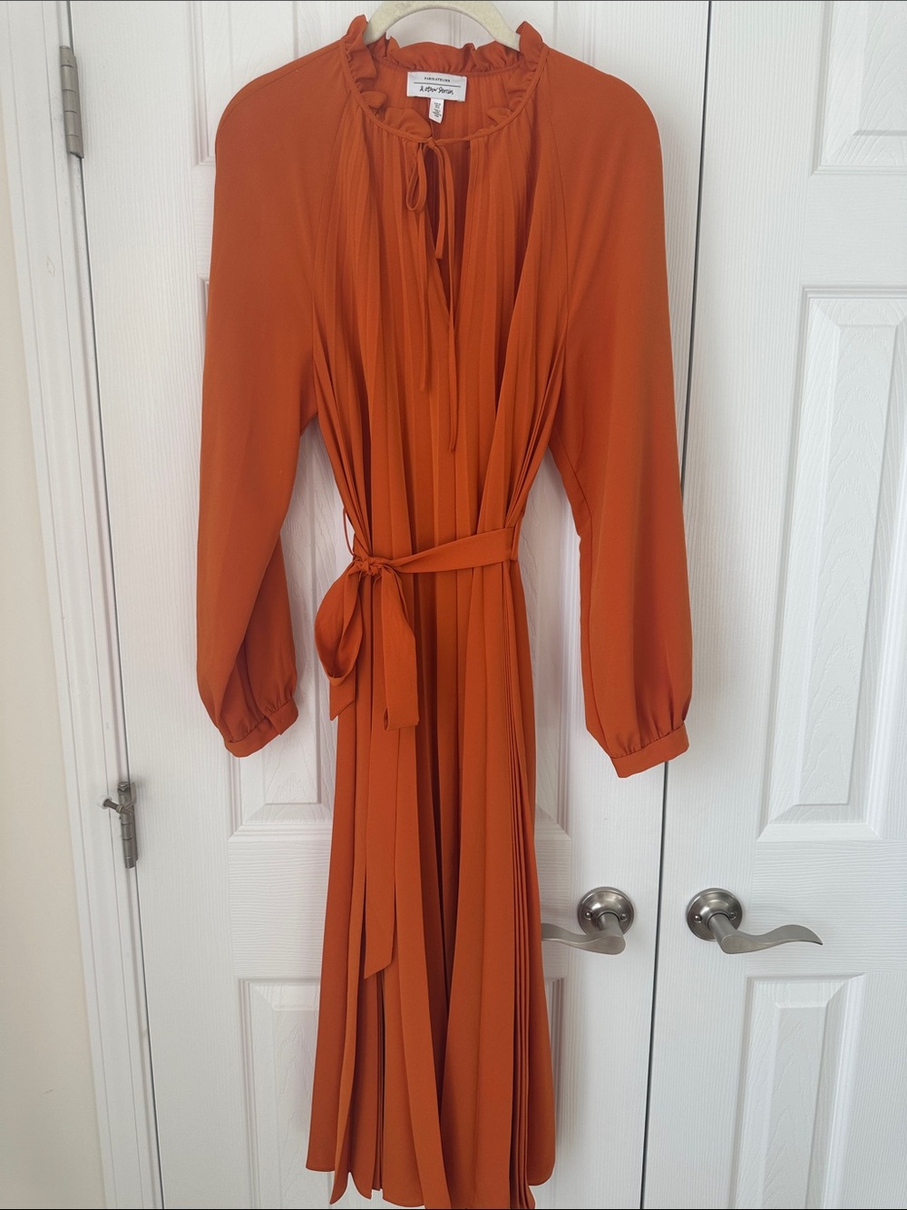 & Other Stories Burnt Orange Pleated Tie-Waist Long Sleeve Midi Dress